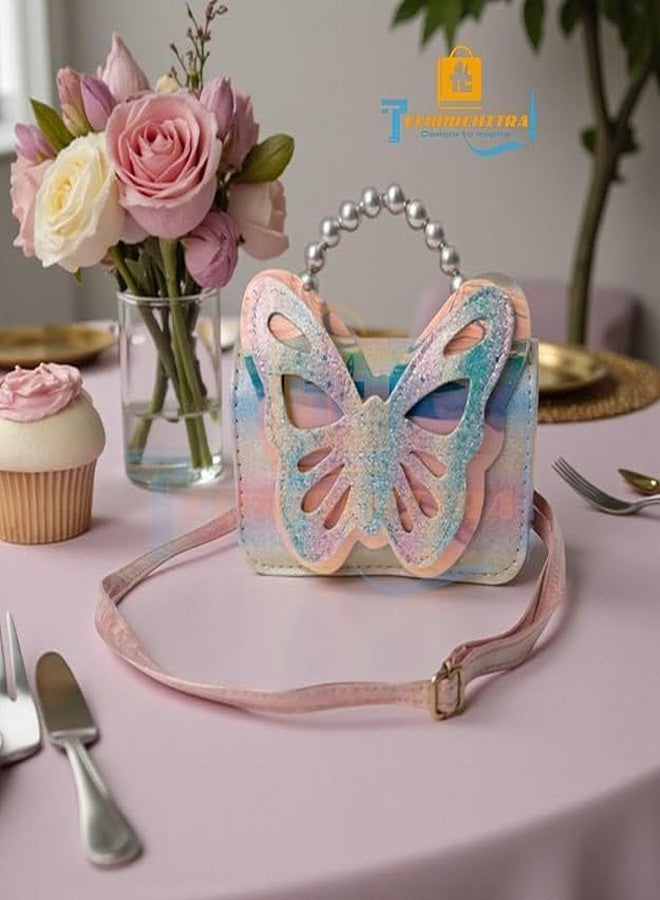 SHREE TECHNESH Fashion Sparkle Butterfly Sling Bag for Kids Girls | Glitter Purse with Pearl Handle and Adjustable Belt| Cute & Handy Multipurpose Pouch - Image 5